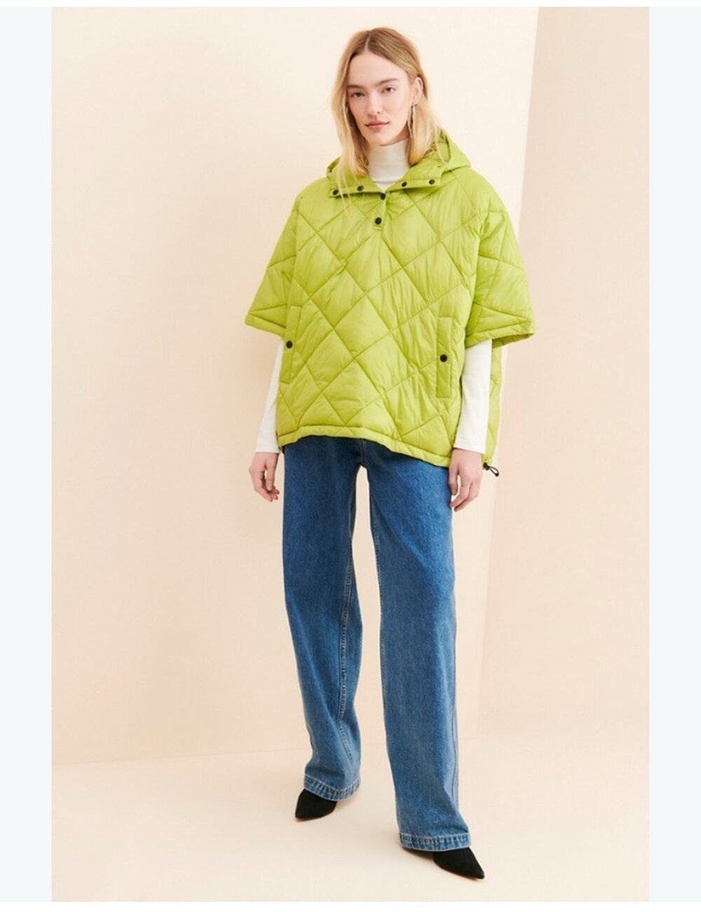 NOIZE Poncho Puffer Coat Kiera Women L/XL Quilted Hooded Bright Green